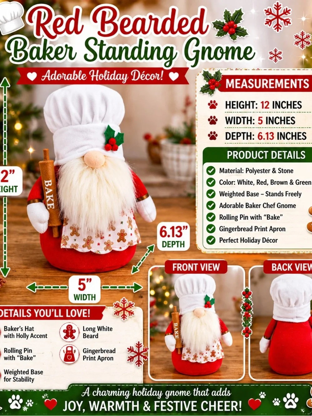 Red Bearded Baker Standing Gnome